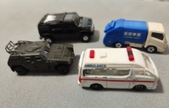Tomica 玩具車 4架 (SUV, 裝甲車, 垃圾車, 救護車)