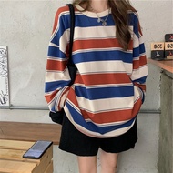 Aki20 2024 New Women Hoodie Sweater Plus size Loose T-shirt Stripes Blouse Long-sleeve 宽松卫衣上衣 Autumn Clothes Lengan Panjang Clothing baju Murah Blouses for Women Styles 2024 Baju Perempuan