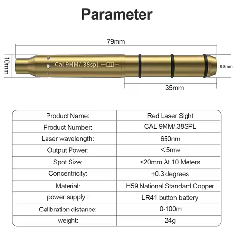 9MM/38SPL Red Laser Boresighter Cartridge Dot Sight for Pistol & Rifle Scope - Hunting Accessory Tra