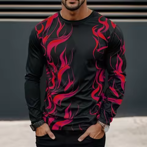 Cool Irregular Fire T-shirts Men's Clothing Long Sleeve O-neck Oversized T Shirts 3D Printed Colorfu