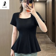快速出货魚尾 上衣 女 百搭 顯瘦 Top women's versatile plus size slimming effect 收腰短袖T恤大码女士辣妹装夏季新款遮肉鱼尾上衣女女裝 2025 新款