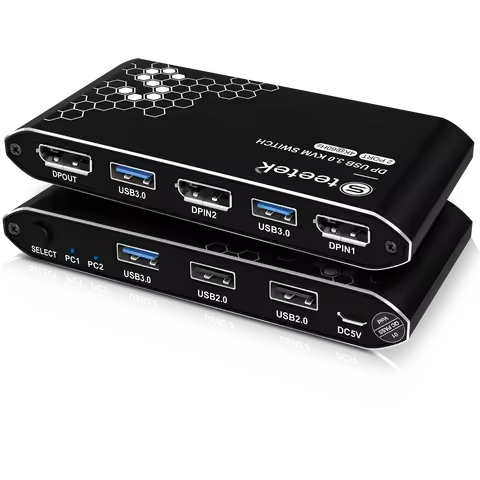 DP KVM Switch, 2 Ports, 4K@60Hz Resolution, Enabling Two Computers to Share One or Dual Monitors, HD