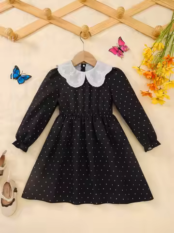 Classic Casual Dress For Girls In Autumn And Winter, A Long Dress With Lace Collar And Polka Dot Pri