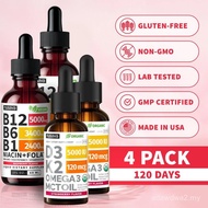 (4-PACK)WellnessBundleVitaminB12&D3K2LiquidEdibleDropswithB6,B1,Niacin&FolateforEnergy,Brain&Heart-R