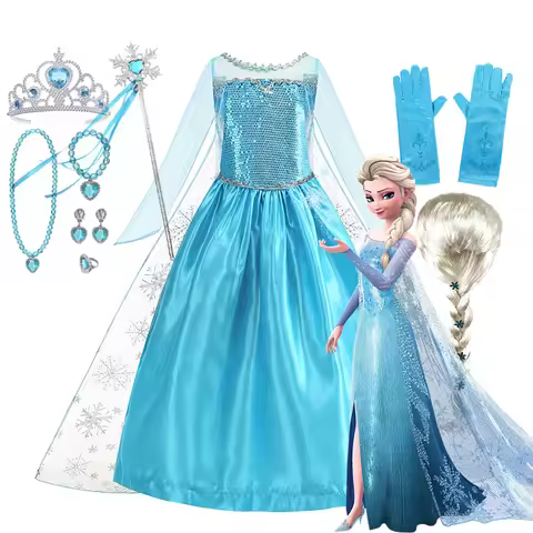 Disney Frozen Elsa Princess Dress Girls Cosplay Snow Queen Elsa Costume Halloween Kids Carnival Chil