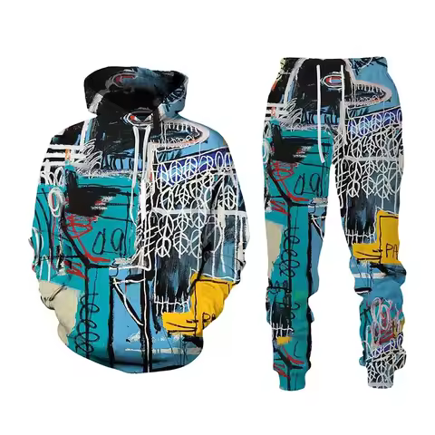 New Hip Hop Graffiti 3D Cartoon Printed Hoodie + Pants Suit Cool Men/Women 2 Pcs Sportwear Tracksuit