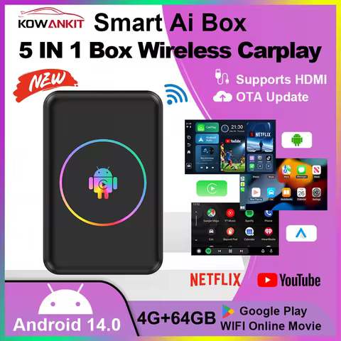 Android 14 4+64G Wireless CarPlay Ai Box Kowankit Smart HDMI Plug & Play 5 in 1 Android Auto Car Tv 
