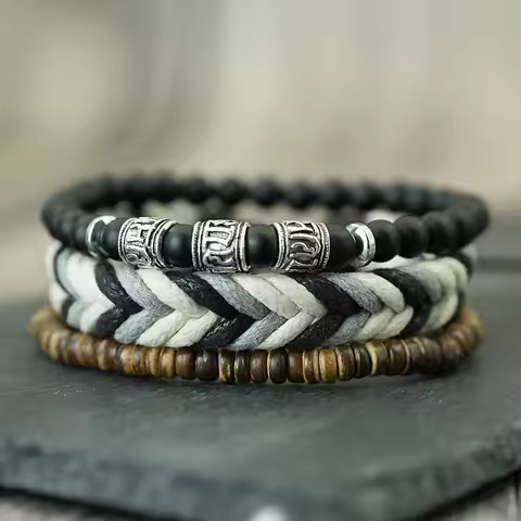 New 3Pcs Men Bracelet Set Natural Coconut Husk Wood Braclet 6mm Onyx Blue Howlite Stone Mantra Brasl