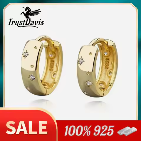 TrustDavis Real 925 Sterling Silver 18k glod Stars Hoop Earrings for Women Daughter Girls Daily Fine
