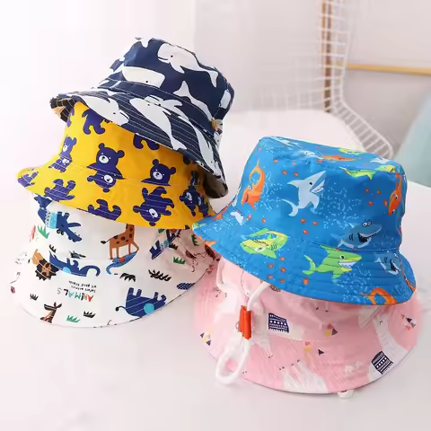 Spring Summer Thin Breathable Kids Bucket Hats Unisex Baby Sun Hats with Windproof Rope Children Out