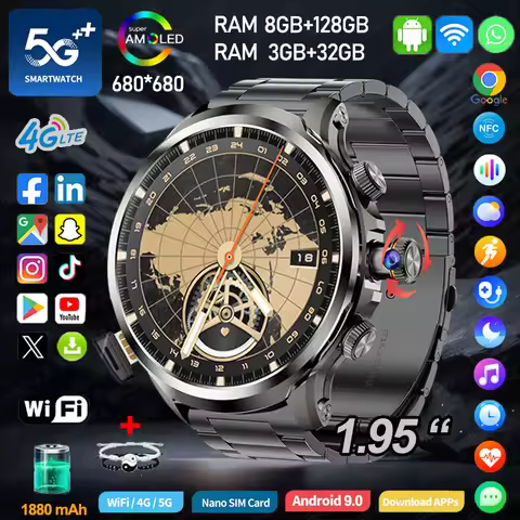 5G/4G Full Network Smart Watch 1.95 inch 680*680 AMOLED Screen 8GB+128GB RAM 900W Camera GPS Map WIF