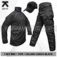 One Set of Long Sleeve Tactical BDU Shirts, Black Velcro Tactical Hats, Men's Tactical Cargo Pants, 