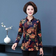 Áo Thun Dài Tay Sườn Xám Mùa Xuân Mới Của Mẹ Cho Phụ Nữ Trung Niên Và Cao Tuổi Áo Lót Nhung Vàng Cho