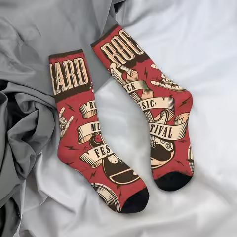 Crazy Sock for Men Retro Skull Hard Rock Music Festival Hip Hop Vintage Music Art Seamless Pattern P
