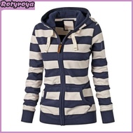 Drawstring Long Sleeves Pockets Zipper Closure Sweatshirt Jacket Autumn Winter Women Striped Print H
