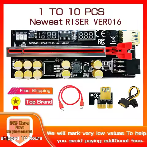 1-10PCS Newest PCI Express X16 Mining Riser 016 V016 Riser Temperature Voltage 3 RGB LED 6P USB VER0