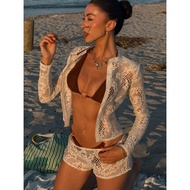 KEMEJA Dune Set lace long sleeve suit transparent see through shorts beach clothes outerwear bikini 
