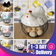 ◐◎Large Stainless Steel Mesh Wire Egg Storage Basket with Ceramic Farm Chicken Top and Handles