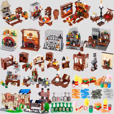MOC Medieval Military Castle Wine Barrel Bar Furniture Building Blocks Street View Pub Table Roast C