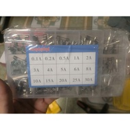 Box of 150 round glass fuses 5x20mm, 15 values