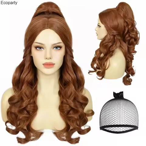 Cosplay Wig for Women Ponytail Curly Auburn Brown Belle Princess Cosplay Costume Wig For Halloween C