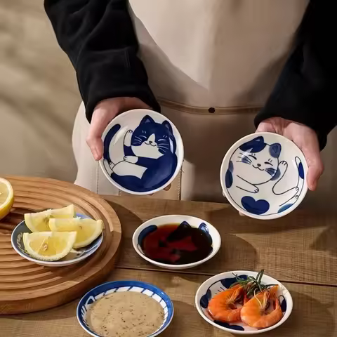 1/4pack Japanese Small Plate Set Ceramic Cute Cats Design Appetizer Dessert Sushi Sauce Dishes Ceram