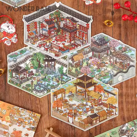 DIY Cartoon Cat Leisure Life in 4 Seasons Landscape Sticker 3D Pocket Cabin Scene Stacking Pasting S
