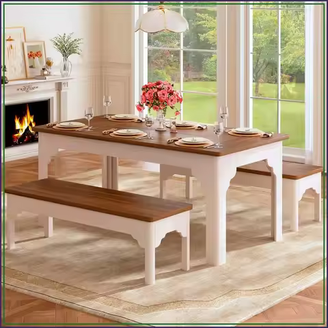 3-Piece Wooden Dining Table Set 63" for 4-6 People Space Saving Design for Dining Room Breakfast Noo