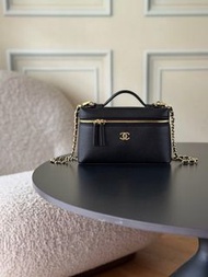 CHANEL 26A Top Handle Vanity Case Bag Black Grained Leather