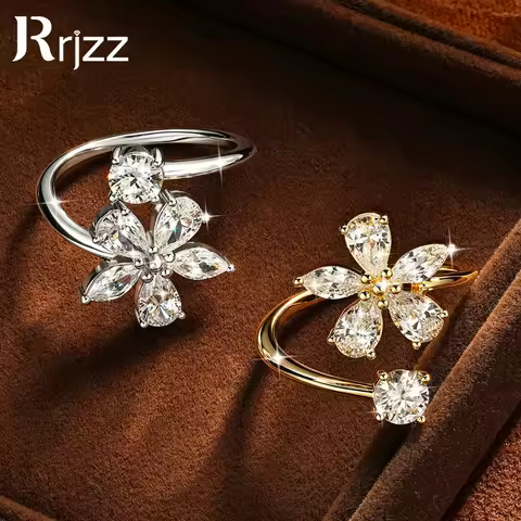 Rrjzz 5mm 0.5CT Round D-Color Moissanite Flower Wedding Ring for Women Sparkling Open US5-9 Adjustab