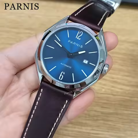 Parnis 43mm Blue Dial 21 Jewels Automatic Movement Men's Mechanical Watch Sapphire Crystal Date Show