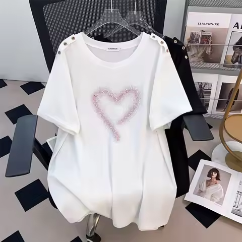 170Kg Plus Size Women's Bust 170 Summer Loose Short Sleeve Diamond Heart T-Shirt Black White 4XL 5XL