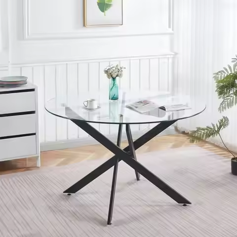 Black Metal Leg 47.24 Round Glass Dining Table for 4-6, Ideal for Small Spaces, Easy Assembly
