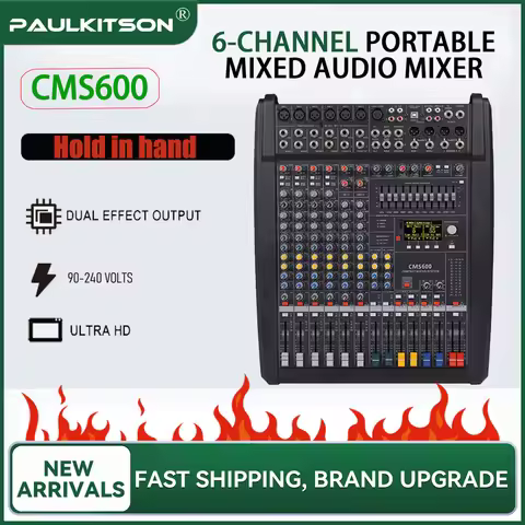 Paulkitson CMS600-3 Professional 6-Ch Mixing Console w/Cover,99 Effects Sound Mixer for Live Stage K