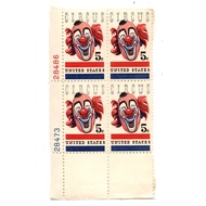 1966 Americana Troupe Circus Clown 5 Cent Block of 4 With Plate Number USA Postage Stamps B4's ABC