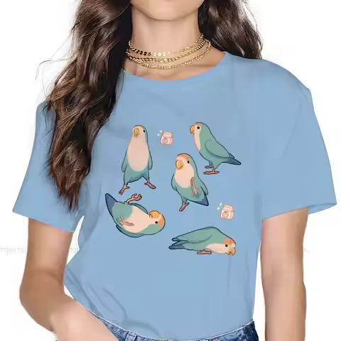 Playful Blue Lovebirds Women's TShirt Parrot Girls Basic Tops 4XL O-neck Female T Shirt Funny Fashio