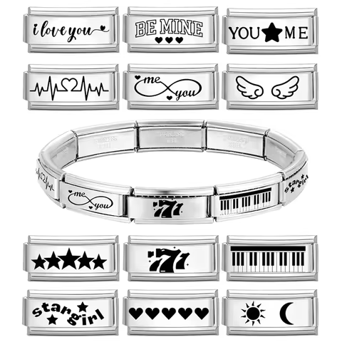2025 Laser Engraving 777 Stars Love Heart Piano Italian Charm Links Fit 9mm Bracelet Stainless Steel