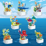 Ocean Potted Building Blocks Series Shark Clown Fish Crab Lantern Fish Bonsai Model Bricks Desktop Deco Children Christmas Gifts