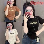 Liquidation of Big Size Women's T-shirt, Round Neck, Short Sleeves, Running Hem, Coffee Letter Print
