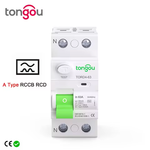 TONGOU Type A RCCB RCD 6kA 2P 16A 25A 32A 63A 10mA 30mA 100mA 300mA Earth Leakage Residual Current C