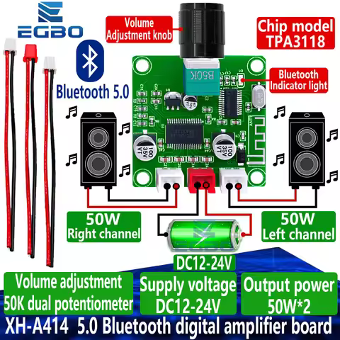 1~5PCS XH-A414 DC12-24V 5.0 Bluetooth digital amplifier board 50W+50W onboard TPA3118D2 amplifier ch