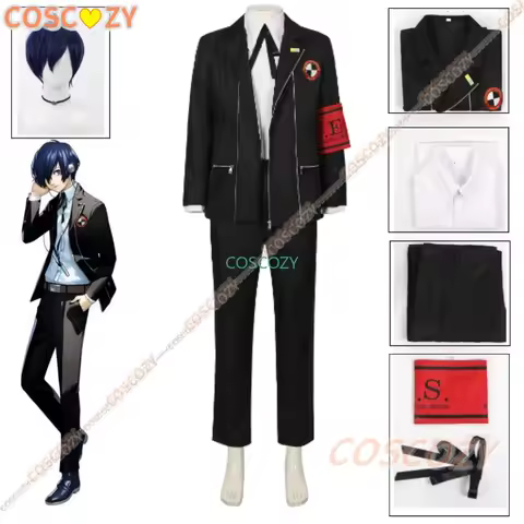 New Game P3 Makoto Yuki Cosplay Costume Wig Gekkoukan High School Uniform Embroidery Black Suit Pant