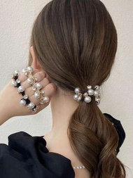 優雅珍珠髮圈適合女士,極簡髮帶帶韓語風格彈性和電話線髮圈適用於馬尾和小圓麵包,髮飾帶皮革套
