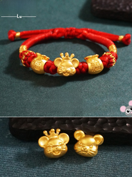 999 Pure Gold 3d Hard Gold Zodiac Rat Crown Lucky Charm สร้อยข้อมือสําหรับทารก First วันเกิดเทศกาลดว