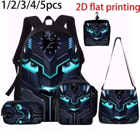 1/2/3/4/5PCS Robot Graphic Backpack Set | Ideal for School & Daily Travel