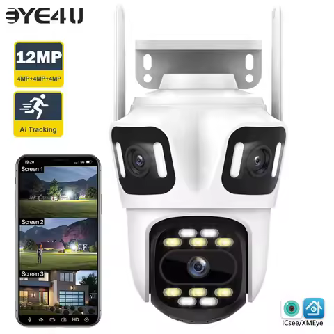 6K 12MP WiFi Camera Outdoor Triple Len Three Screens Auto Tracking Security Pan Tilt Cameras 5X Digi