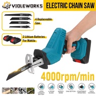 88VF Cordless Reciprocating Saw Chainsaw 4 Blades Rechargeable Electric Jig Saw Metal Cutting Woodworking with 2 Battery Blue + Black