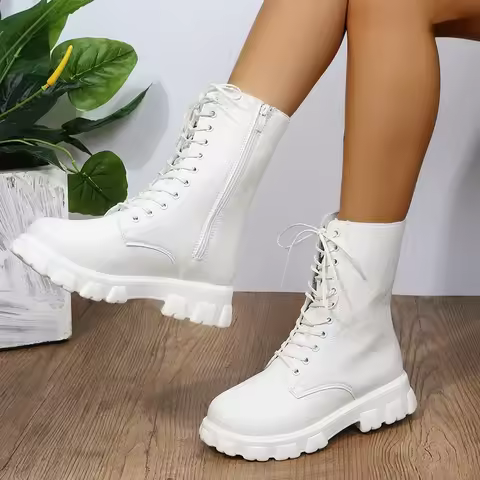 2025 Boots Women Autumn Winter PU Leather White Ankle Boots Motorcycle Female Chunky Heels Platform