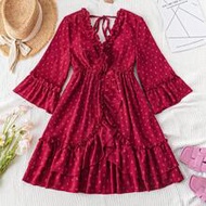 WYWH ผู้หญิงสีแดง V คอ Ruffle Flare Sleeve Multi-Layered Frill Hem A-Line Dress สำหรับวันหยุด