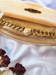 美國西洋古董飾品 / 金色調MONET莫內寬雙圈琺瑯珍珠摩登項鍊